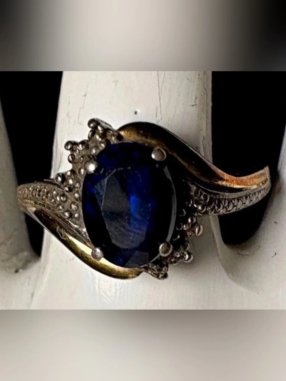 Vintage 925 Sterling Silver 10K Gold Genuine Oval Blue Sapphire Ring Size 7